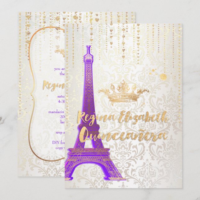 Quinceanera/Eiffel Tower/Parisian Princess/Purple Invitation (Front/Back)