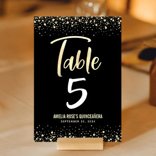 Quinceañera Elegant Black Gold Script Glitter Foil Table Number