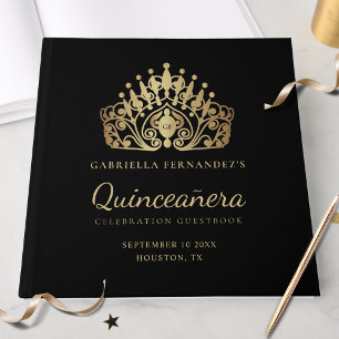 Quinceanera Elegant Black Gold Tiara Crown Guest Book