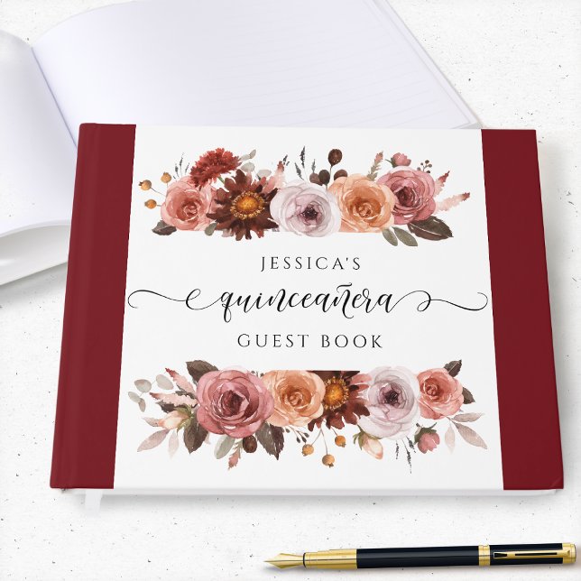 Quinceañera Elegant Burgundy and Blush Floral Guest Book (Creator Uploaded)