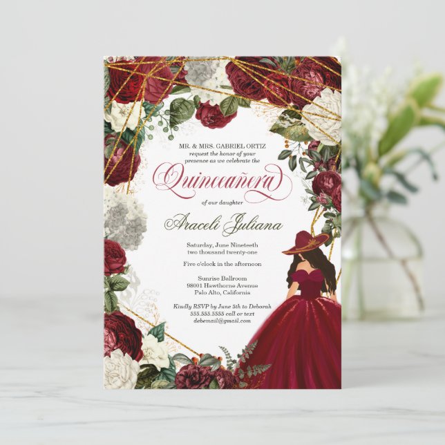 Quinceanera elegant charro burgundy white floral i invitation (Standing Front)