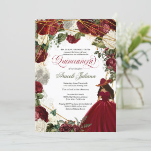 Quinceanera elegant charro burgundy white floral invitation