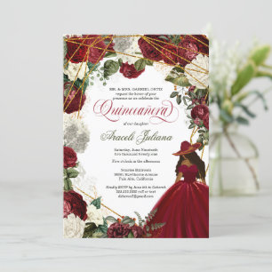 Quinceanera elegant charro burgundy white floral invitation