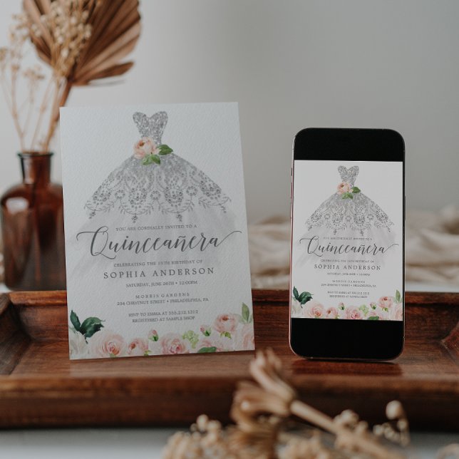 Quinceañera Elegant Floral Dress 15th Birthday Invitation (Creator Uploaded)