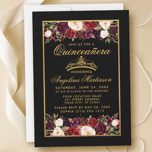 Quinceanera Elegant Floral Gold Frame Crown Black Invitation (Creator Uploaded)