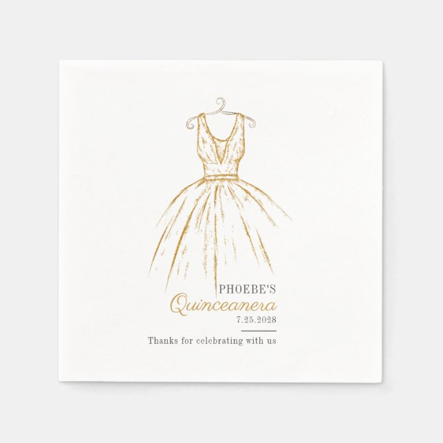 Quinceanera Elegant Gold Dress Script 15 Birthday Napkin (Front)