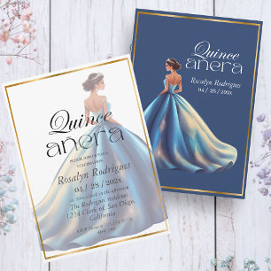  Quinceañera Elegant Modern Royal Blue Dress  Invitation