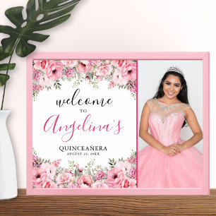 Quinceanera Elegant Pink Floral Photo Welcome Sign