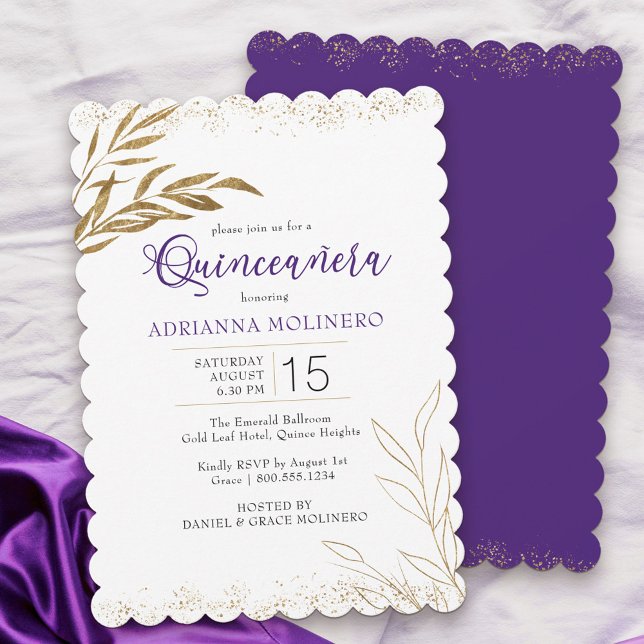 Quinceanera Elegant Purple and Gold Leaf Invitation (Modern Quinceanera invitation in white, purple and gold from my Gold Leaf Collection)