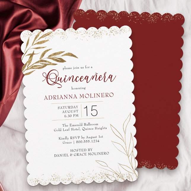 Quinceanera Elegant Red and Gold Leaf Invitation (Modern Quinceanera invitation in white, red and gold from my Gold Leaf Collection)