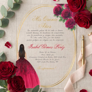 Quinceañera Elegante Borgoña y Dorado Acrylic Invitations