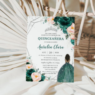 Quinceañera Emerald Blush Floral Brown Princess Invitation