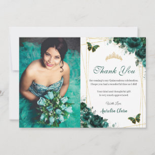 Quinceañera Emerald Floral Butterflies Birthday Thank You Card