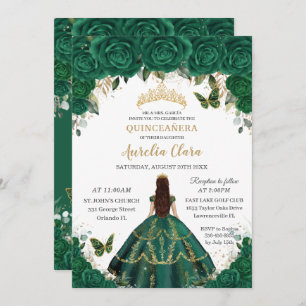 Quinceañera Emerald Floral Princess Gold Crown  Invitation