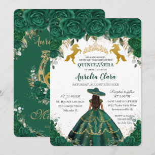 Quinceañera Emerald Floral Princess Gold Horses In Invitation