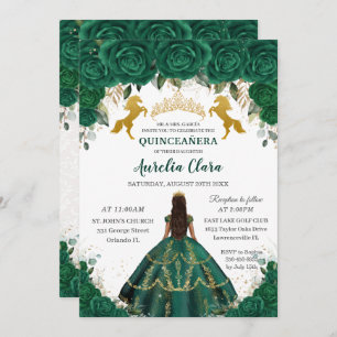 Quinceañera Emerald Floral Princess Gold Horses Invitation