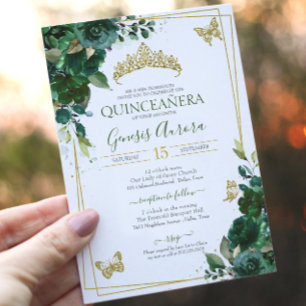 Quinceañera Emerald Forest Green Gold Butterfly Invitation