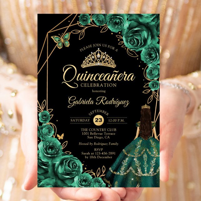 Quinceanera Emerald Gold Gold Dress Floral  Invitation (Creator Uploaded)