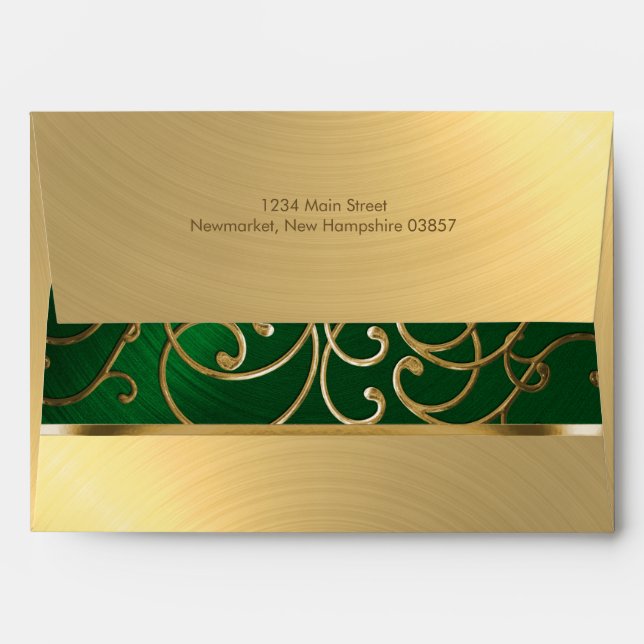 Quinceanera Emerald Green and Gold Filigree Swirls Envelopes (Back (Top Flap))