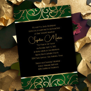 Quinceañera Emerald Green and Gold Filigree Swirls Invitation
