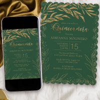 Quinceanera Emerald Green and Gold Leaves Elegant