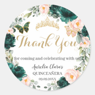 Quinceañera Emerald Green Blush Floral Birthday Classic Round Sticker