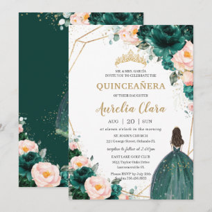 Quinceañera Emerald Green Blush Floral Princess  Invitation