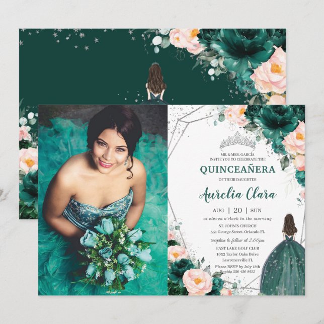 Quinceañera Emerald Green Blush Floral Princess  Invitation (Front/Back)