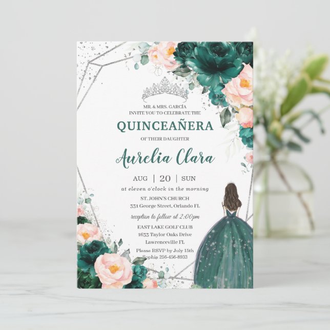 Quinceañera Emerald Green Blush Floral Princess Invitation (Standing Front)