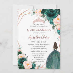 Quinceañera Emerald Green Blush Floral Rose Gold Invitation