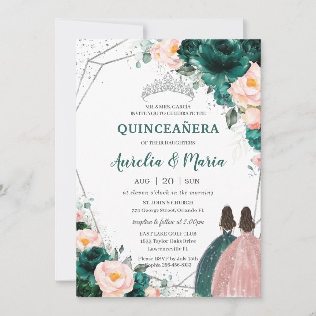 Quinceañera Emerald Green Blush Floral Twins  Invitation (Front)