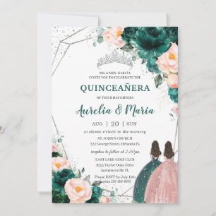 Quinceañera Emerald Green Blush Floral Twins  Invitation