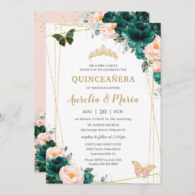 Quinceañera Emerald Green Blush Floral Twins Invitation (Front/Back)