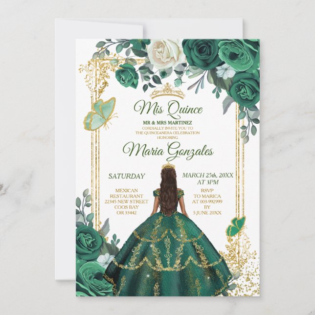 Quinceañera Emerald Green Butterfly Gold Crown Invitation (Front)