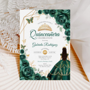 Quinceanera Emerald Green Dress Gold Invitation