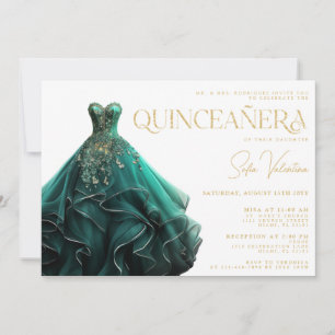 Quinceañera Emerald Green Dress Gown Gold Princess Invitation