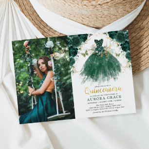 Quinceañera Emerald Green Enchanted Forest Floral Invitation