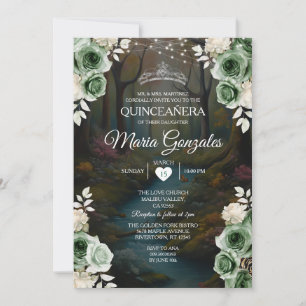 Quinceañera Emerald Green Enchanted Forest Floral Invitation