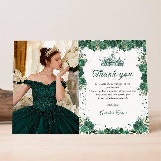 Quinceañera Emerald Green Floral Birthday Thank You Card