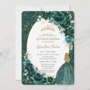 Quinceañera Emerald Green Floral Blonde Princess Invitation