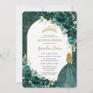 Quinceañera Emerald Green Floral Blonde Princess Invitation