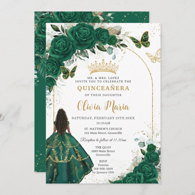 Quinceañera Emerald Green Floral Brown Princess Invitation (Front/Back)