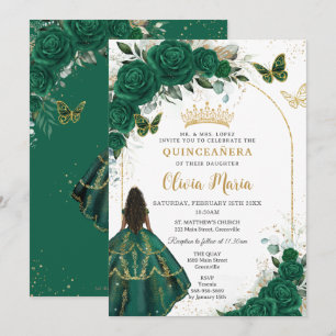Quinceañera Emerald Green Floral Brown Princess Invitation