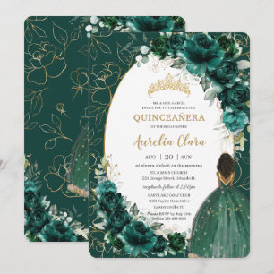 Quinceañera Emerald Green Floral Brown Princess Invitation