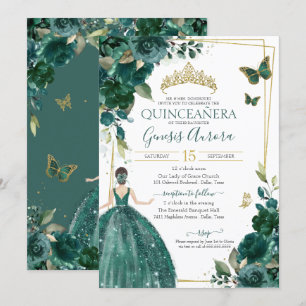 Quinceañera Emerald Green Floral Butterflies Dress Invitation