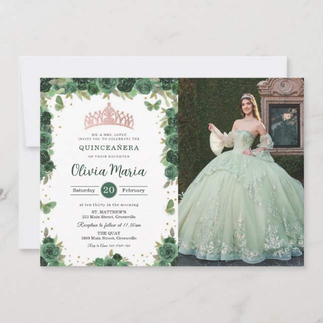 Quinceañera Emerald Green Floral Butterflies Photo Invitation (Front)