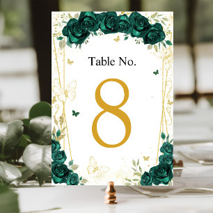 Quinceañera Emerald Green Floral Butterflies Table Number