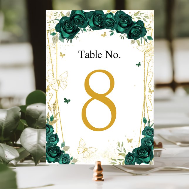 Quinceañera Emerald Green Floral Butterflies Table Number (Creator Uploaded)