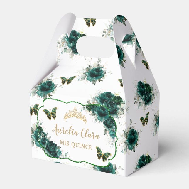 Quinceañera Emerald Green Floral Butterflies Tiara Favour Box (Front Side)