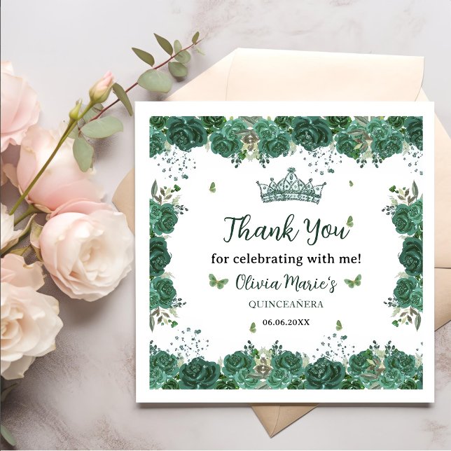 Quinceañera Emerald Green Floral Butterflies Tiara Napkin (Creator Uploaded)